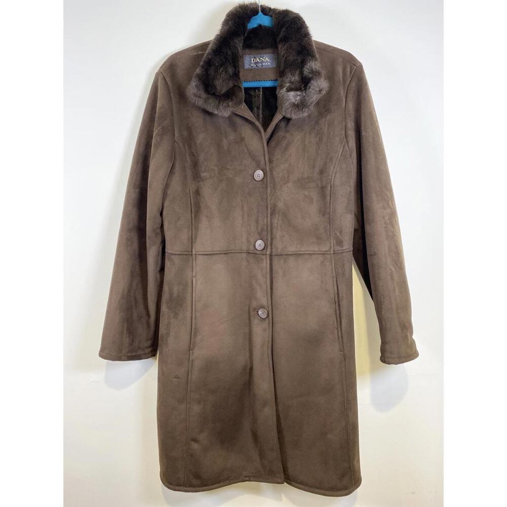 Dana Buchman Brown Faux Suede Coat with Faux Fur Collar Size L